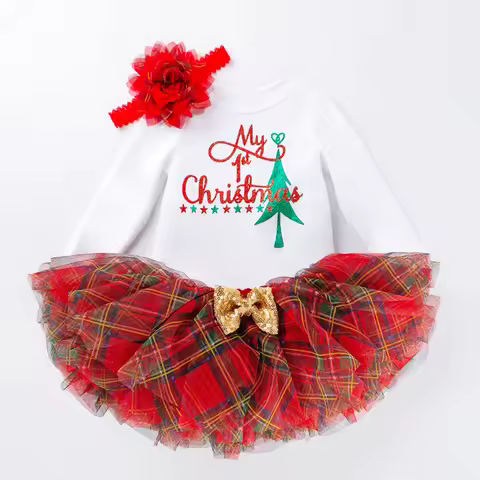 My First Christmas Baby Girl Outfit Long Sleeve X'mas Bodysuit Tutu Skirt Headband 1 Year Old Christ