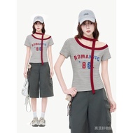 [Invoices Available🔥Sold 6.6w] American Black White Stripes Contrast Color Diagonal Collar Off-the-S