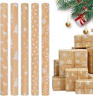5 Rolls of Christmas Kraft Wrapping Paper, 43 x 100 cm, Recyclable Kraft Paper with Elk Árbol de Nav