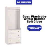 Open Wardrobe Bedroom Storage Cabinet / Open Wardrobe with 3 Drawer Soft Close / Almari Baju