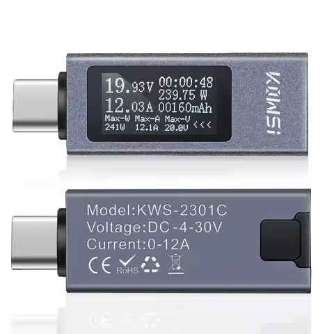 KWS-2301C Type-C Current and Voltage Monitor DC 4-30V 0-12A Power Meter Tester PD Battery Capacity D