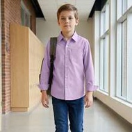 Boys Long Sleeve Shirts Classic Collared Button Tshirt Solid Cotton Top With Pocket Purple Size 6-16