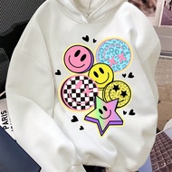 Teen Girls Casual Minimal Cartoon Star, Black White Plaid Heart Leopard Smiling Print White Loose Th