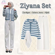Ziyana Outfit Set (Striped Cardigan, Jeans, Bella Square) Modern Teenage Hijab AS2K