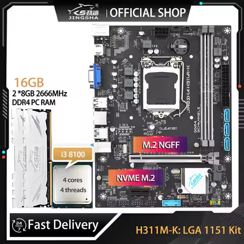 JINGSHA H311 Motherboard LGA1151 Set with core i3 8100 + 2*8GB=16GB DDR4 desktop RAM Dual Channel VG