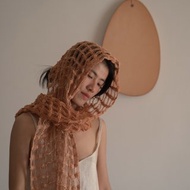 純棉網格手織圍巾－天然泥染-藕灰-橘混色款