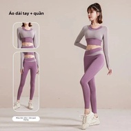 Bộ Đồ Tập Yoga Dài Tay Nữ Khối Màu Tập Thể Dục Pilates Gear Thiết Kế Hai Mảnh Giả Quần Áo Thể Thao T