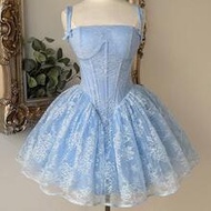Elegant Blue Sequin Lace Spaghetti Strap Bustier A-Line Dress With Bowknot For Wedding Guest Vow Par
