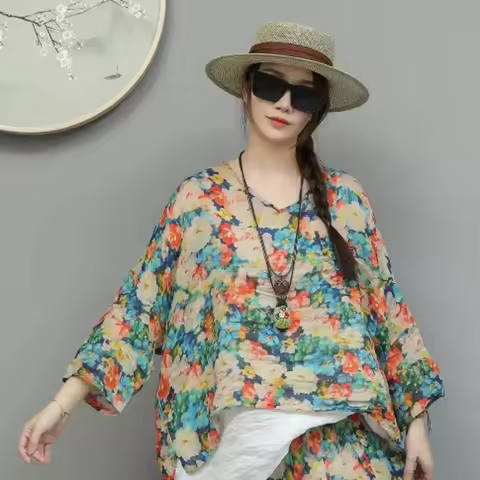 Floral Ramie T-shirt Women 2026 Summer Lightweight Loose V-neck Top Loose LX5676