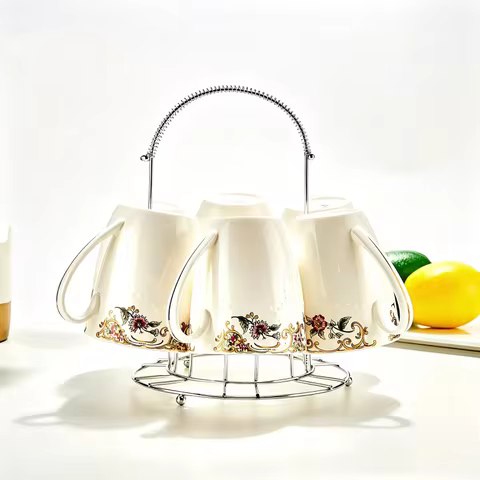 6cup + 1stand, bone china cute mugs set, original coffee cups, porcelain microwave mug, breakfast co