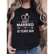 [Anniversary T-Shirt] 10Th Anniversary Wedding Ring Print Women's T-Shirt - "JUST MARRIED 10 YEARS A