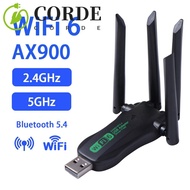 CORDE Dual Band WiFi6 USB Adapter, AX900 Bluetooth 5.4 900Mbps WiFi Dongle, Plug Play 4 Antenna 2.4G