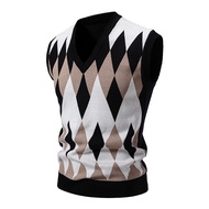Mens Argyle Vest Sweater Wool Blend V-Neck Sleeveless Pullover Sweater