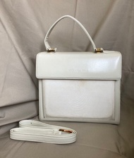 YSL 聖羅蘭 白色真皮 斜紋布面 手提 附原廠肩背帶 古董包 vintag