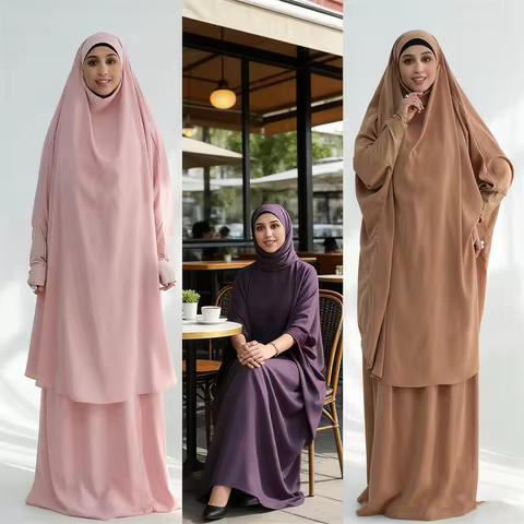 Eid Djellaba Women Prayer Garment 2 Piece Set Abaya Dress Skirt Hijab Muslim Khimar Ramadan Kaftan D