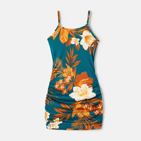 PatPat Family Matching Allover Floral Print Drawstring Ruched Bodycon Cami Girl Dress and Women Dres