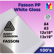 Sticker Fasson PP White Gloss 100pcs A4 Label A3 Sticker Glossy Mirrorkote Sticker Self-Adhesive FAS