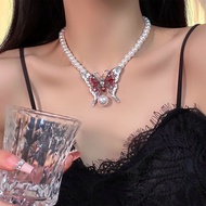 Gothic Butterfly Pendant Pearl Necklace Necklace
