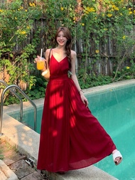 LINGLAI ชุดเดรสสลิงสีแดงสําหรับผู้หญิงฤดูร้อนชุดยาวคอวีแขนกุดชายหาดพรหม Gowns Slimming Design วันหยุ