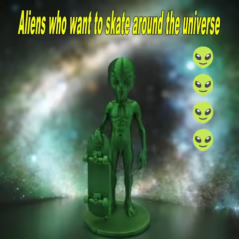 A 3d creative design of standing alien ornaments with skateboards is suitable for collecting statues