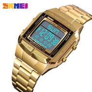 SKMEI Men Digital Watch Large Dial Glass Mirror EL Light Gold Watches Stainless Steel