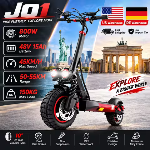 J01 Adult Electric Scooter 800W 48V 15Ah 10" Off Road Tires 45KM/H 50-55KM Range Foldable Dual Disc 