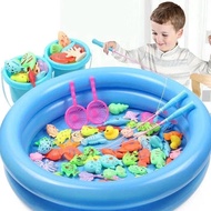 34-piece fishing toy set including plastic fishing rod, 2-story float tank for children to enjoy - B