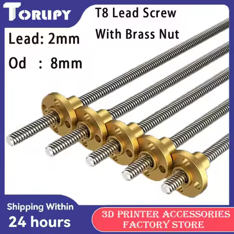 T8 Lead Screw With nut OD 8mm Lead 2mm Pitch 2mm 100mm-200mm-300mm-400mm-500mm Lead Screw With Brass