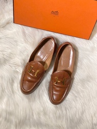 古董 Hermès Paris Constance 樂福鞋 棕色皮革 莫卡辛便鞋 37