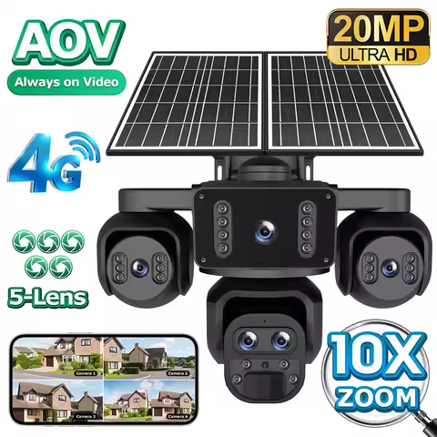 SHIWOJIA 20MP 10X ZOOM Camara Solar 4G SIM 5 Lens 4 Screens Security Protection 360° Auto Tracking H