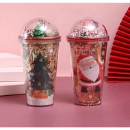 Cute Xmas Christmas cartoon water glitter Christmas gift plastic straw cup Gift box 500ml