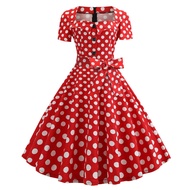 Summer Vintage Dress Women 50s 60s Short Sleeve Elegant Polka Dot Print Party Dress With Belt Dresse