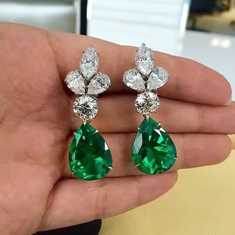 Huitan Vintage Green Drop Cubic Zirconia Dangle Earrings for Women Retro Party Elegant Lady's Access