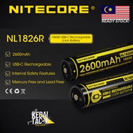 NITECORE NL1826R - 2600mAh USB Rechargeable 18650 Battery - ORIGINAL - Ready Stock in MALAYSIA