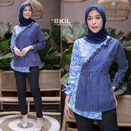 Baju Batik Wanita Blouse Batik Modern Kombinasi Lengan Panjang