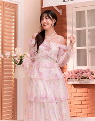 Demetria A32 Soft & Sweet Chiffron Dress เดรสชีฟองขนมชั้น แต่งสายไขว้ ผูกคอ เหมาะสำหรับใส้ไปทะเล เข