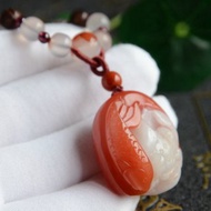 【戲蓮】天然南紅紅白料精雕魚戲蓮花吊墜項鏈南紅冰飄珠紫牙烏珠