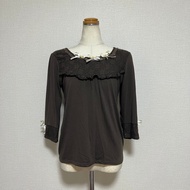 axes femme Brown Lace Ribbon 3/4 Sleeve Top Romantic Lolita Style M Size
