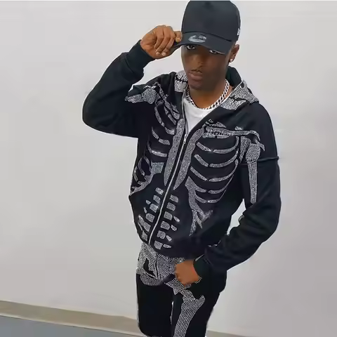 Full Zip Up Hoodie Rhinestone Skeleton Goth Sweatshirt Sport Couple Outfit Black Long Sleeve Oversiz