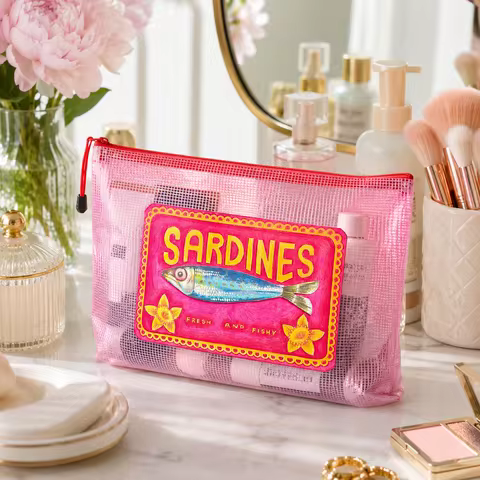 Retro Sardine Print Mesh Zipper Pouch, Waterproof Travel Cosmetic Bag for Women, Beach Toiletry & Ca