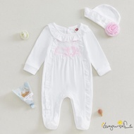 B930G-Princess Baby Girl Clothes Set Long Sleeve 3D Print Ruffled Romper Footwear + Flower Hat 2Pcs 