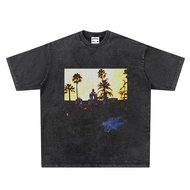 Washed Vintage Hotel California American Retro T-shirt, Pure Cotton Short Sleeve, Eagles Rock Printe
