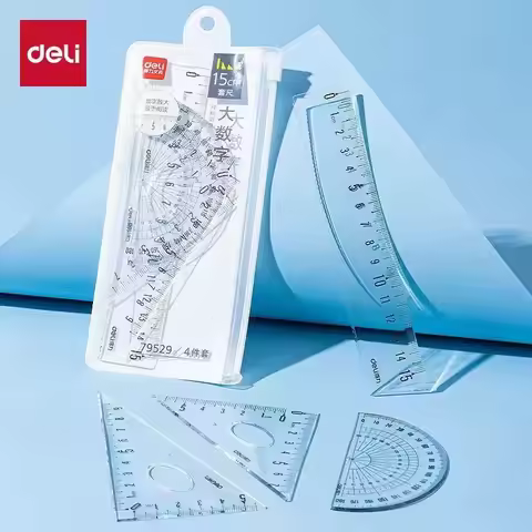 DELI Transparent Geometry Set 4 PCS Math Drawing Tools with Ruler Protractor Triangle Easy Read Meas