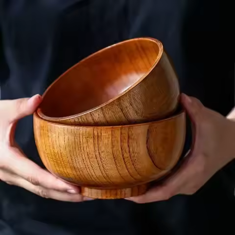 Japanese Style Wooden Bowl Jujube Wooden Bowl Round Large Soup Bowl Creative Children's Rice Bowl Ta
