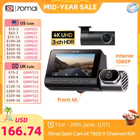 70mai 4K T800 3-Channel HDR Car DVR Built-in GPS & ADAS Voice Control Super Capacitor Dual 4K&Triple