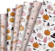 AnyDesign 12 Sheet Halloween Wrapping Paper Boho Pink Pumpkin Ghost Gift Wrap Paper Bulk Folded Flat Halloween Print Art Paper for Halloween Birthday Party DIY Crafts Gift Wrapping, 19.7 x 27.6 Inch