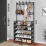 （五層鞋架 ）多功能落地衣帽架 多層儲物衣帽架 鞋架 置物架 靠墻衣架 掛衣架 收納架 深黑色