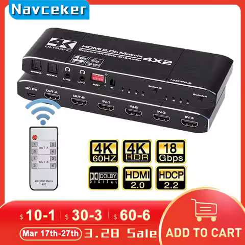 2026 4K@60Hz HDMI Matrix 4x2 Switch Splitter Support HDCP 2.2 IR Remote Control HDMI Switch 4x2 Spdi