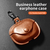 Simple Retro Business Case for Realme Buds T300 PU Leather Blue Protective Earphone Casing Earbud Re