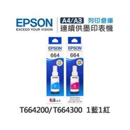 原廠盒裝墨水 EPSON 1藍1紅 T664 T664200 T664300 適用 L100 L110 L120 L121 L200 L220 L210 L300 L310 L350 L355 L360 L365 L380 L385